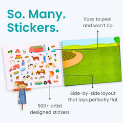 Cupkin farm scene pasture sticker page, invites imaginative play on bright, open spaces.
