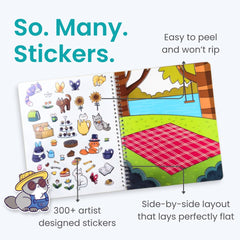 Cupkin Land of Cats side by side pages show stickers and scenes for easy creativity