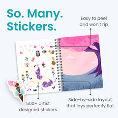 Cupkin Princess stickers on a colorful scene support fine motor skills and creativity.