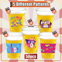 CUPLOOV fifty-pack 90s themed cups ready for quick setup.