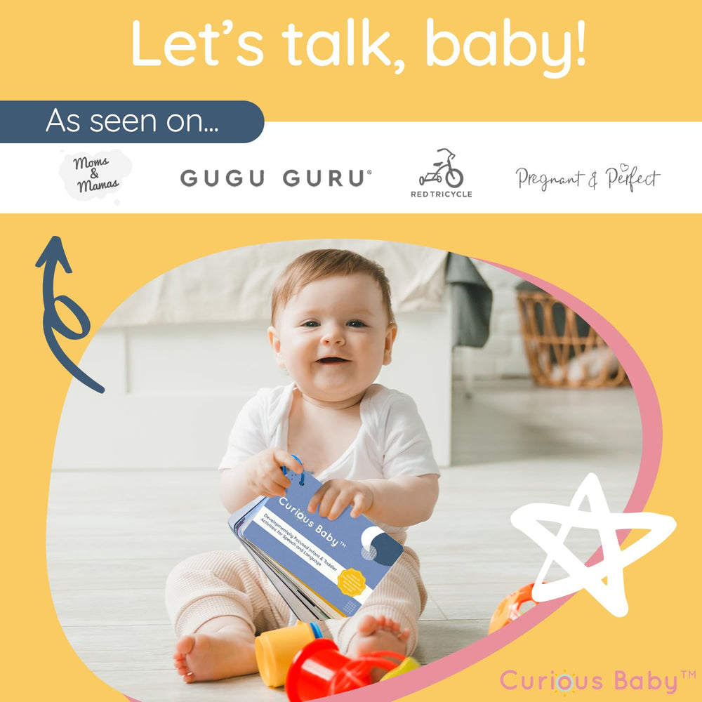 Curious Baby Speech Cards used during parent child interaction to promote talking.