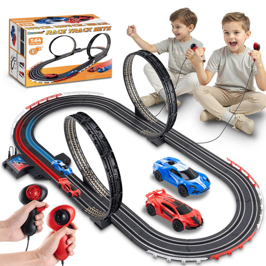 Cusocue race track with two cars on track for immersive play sessions.