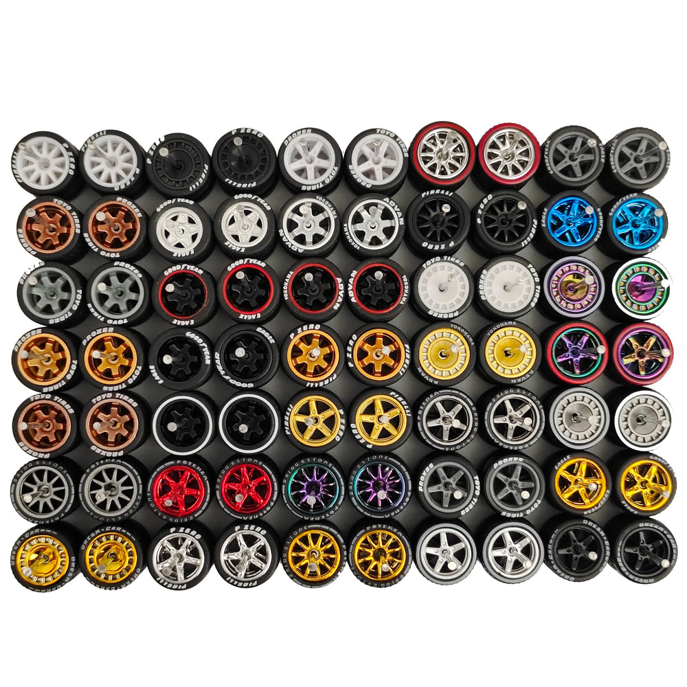 CustomDiecast 1:64 rubber wheels with logo for authentic display and easy swap.