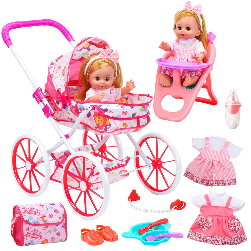Cute Stone baby doll stroller scene promotes imaginative caregiving play