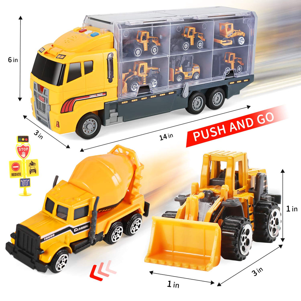 Cute Stone construction truck set launch button releasing a mini truck