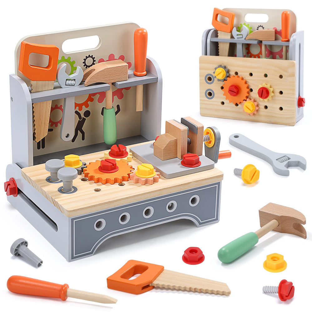 Cute Stone kids wooden tool bench folded for easy storage.