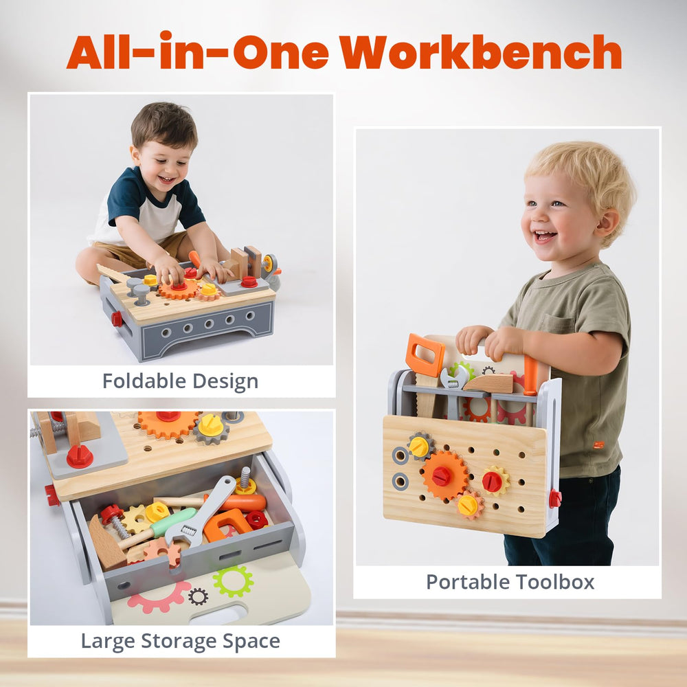 Cute Stone kids wooden tool bench open into a complete workbench for play.