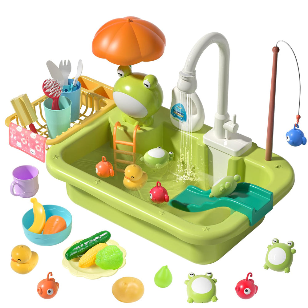 CUTE STONE Play Sink with Running Water demonstrates interactive kitchen play and washing tasks