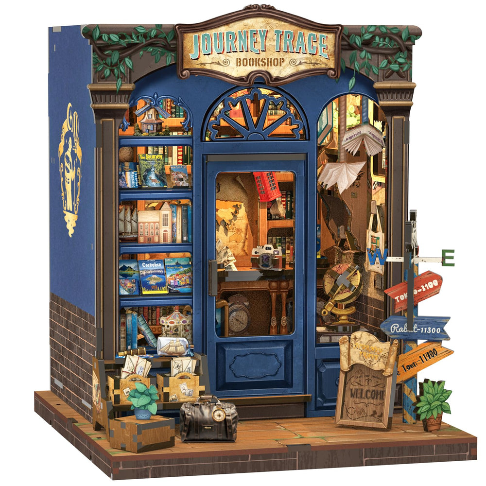 CUTEBEE Book Nook Kit cover showing the travel-themed bookstore setup for cozy decor
