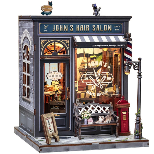 CUTEBEE Book Nook Kit front view with retro hair salon for shelf display.
