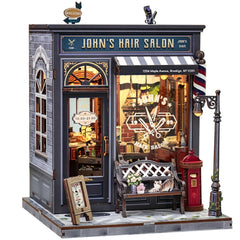 CUTEBEE Book Nook Kit front view with retro hair salon for shelf display.