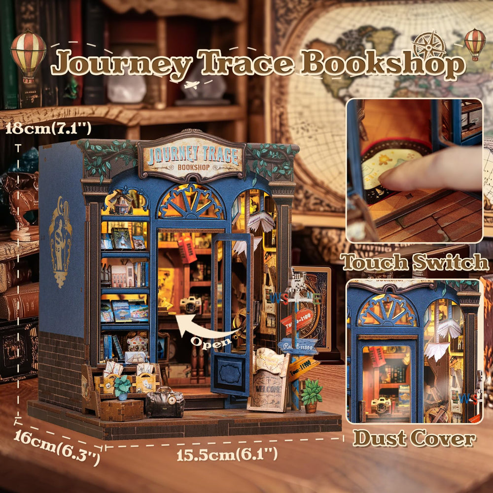CUTEBEE Book Nook Kit interior shelves reveal miniature travel books for a charming scene