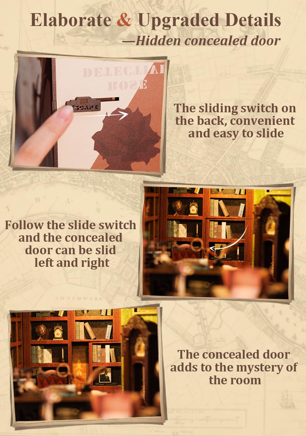 Cutebee Book Nook Kit LED light enhances nighttime display on a shelf.