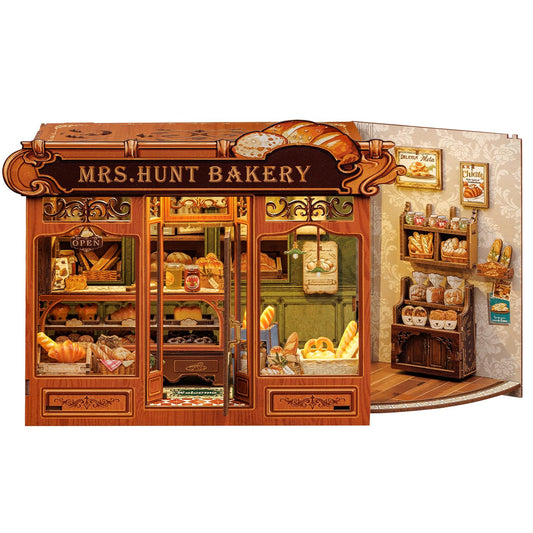 CUTEBEE Book Nook Kit front view with Mrs.Hunt Bakery for cozy shelf decor.