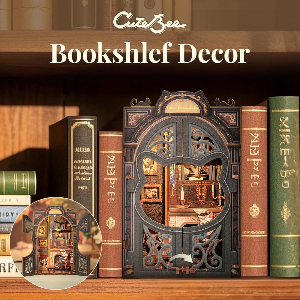 Cutebee wooden miniature book nook base showing a cat-shaped doorway design.