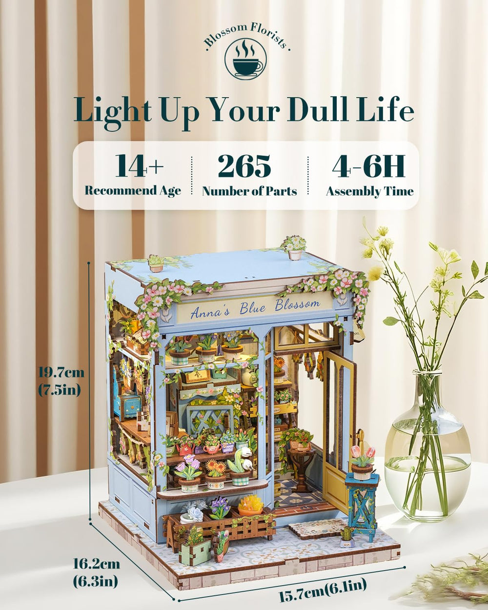 Detailed Cutefun Anna's Blue Blossom diorama with delicate wooden details.