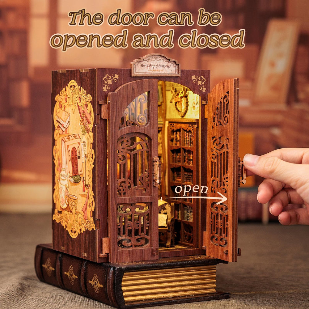Cutefun Book Nook Kit dollhouse interior featuring shelves and cozy reading nook.