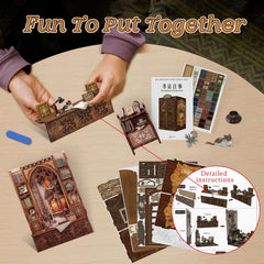 Cutefun Book Nook Kit warm LED light illuminating a miniature library scene.