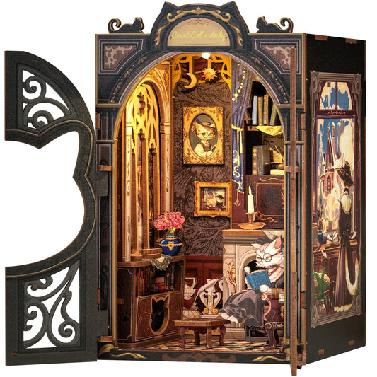 Cutefun Count Cat's Study book nook cover adds a charming bookshelf focal point