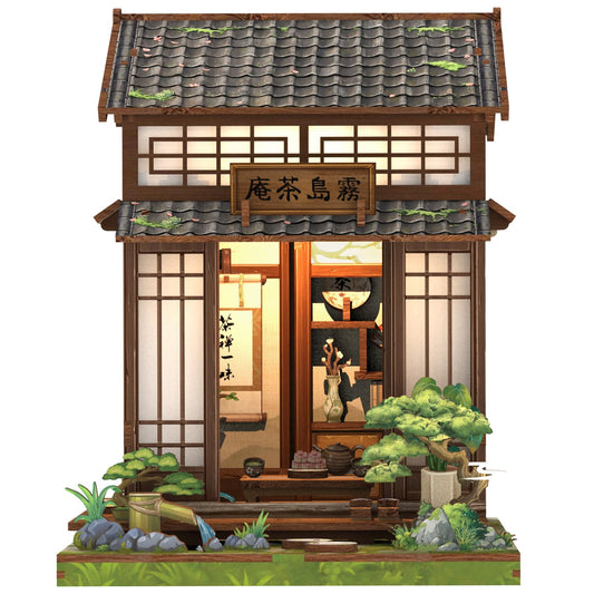 Cutefun Tea House booknook with pine garden for a peaceful shelf display.