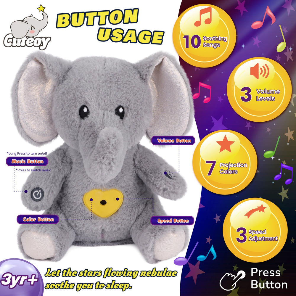 Cuteoy elephant plush nightlight projecting stars and moon for kids.
