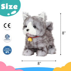 Cuteoy walking gray cat plush side view demonstrates movement and chirping features.