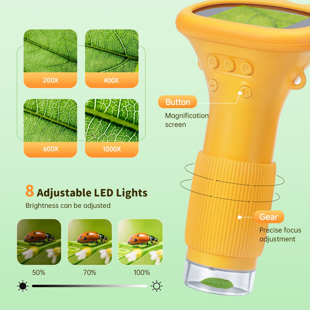 CXXDE Kids Microscope LED light system enhances clarity in low light.