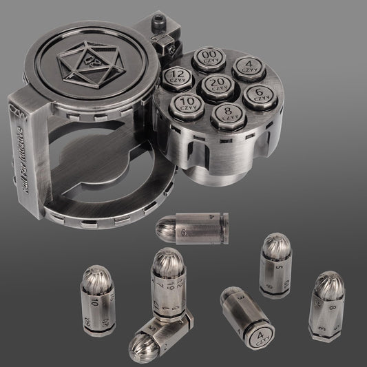 CZYY bullet dice set with D20 in silver for immersive cyberpunk campaigns.