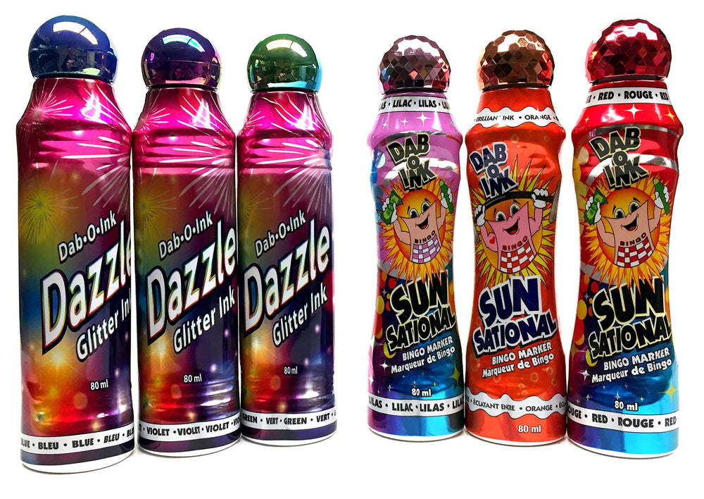 Dab-O-Ink Bingo Dauber Set with mixed glitter and Sunsational ink for vibrant game calls