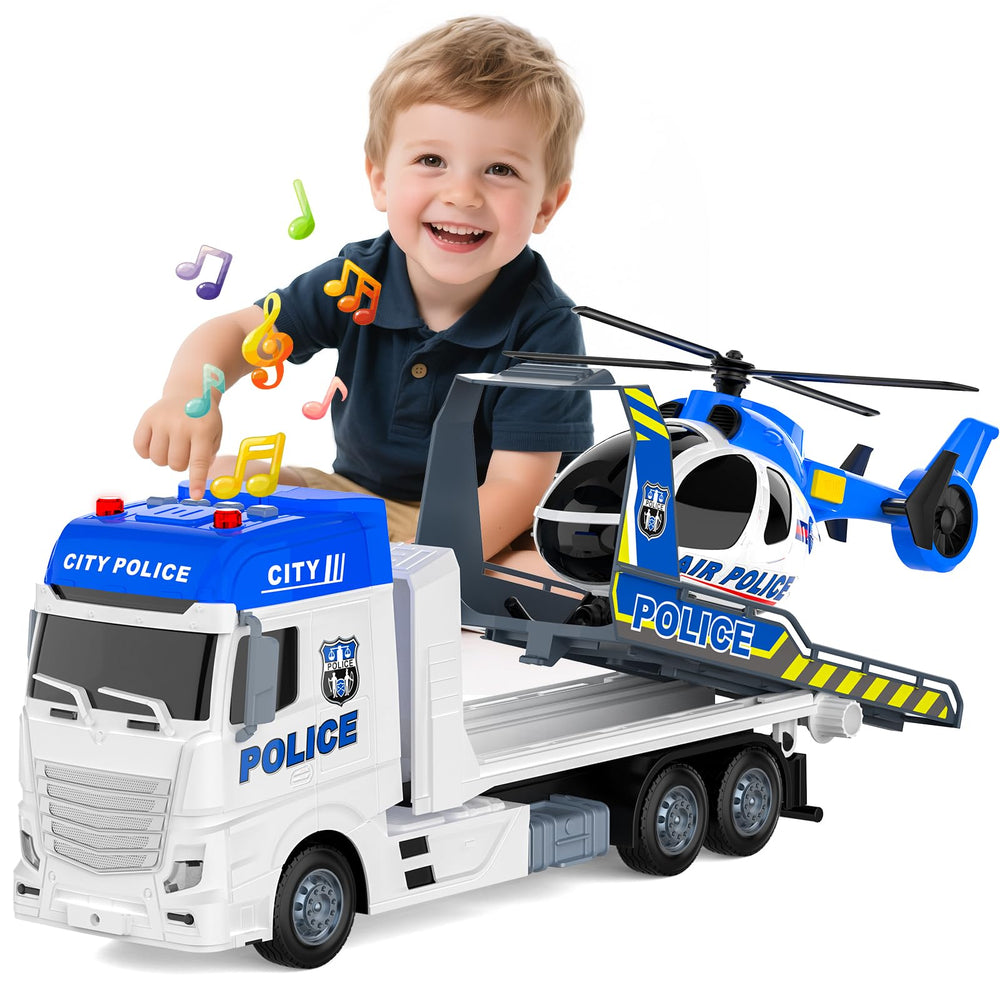 DADAPALS 21.2 inch semi police truck with helicopter for imaginative rescue play