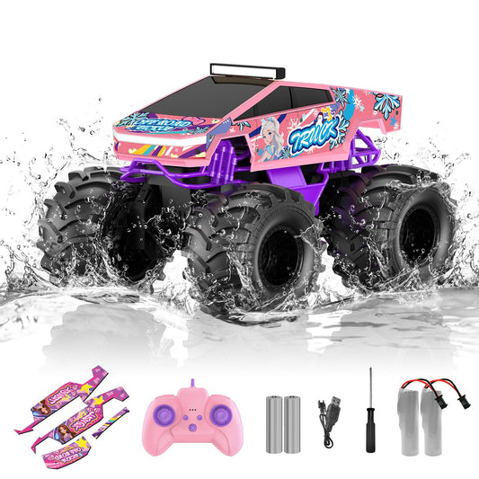 Dafotil 1:18 pink amphibious RC monster truck, front view for all-terrain play