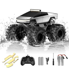 Dafotil Amphibious RC Monster Truck front view with LED lights for outdoor visibility.