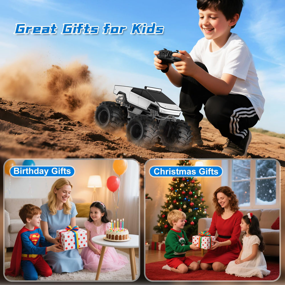 Dafotil kids racing outdoors with amphibious truck conveying family fun.