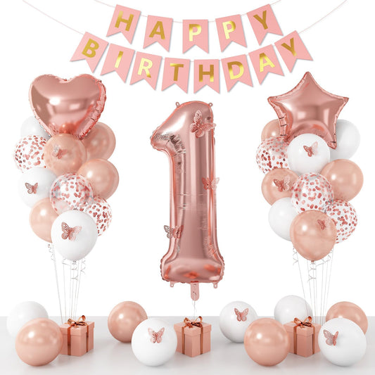 Dagelar rose gold 1st birthday banner for photo backdrop