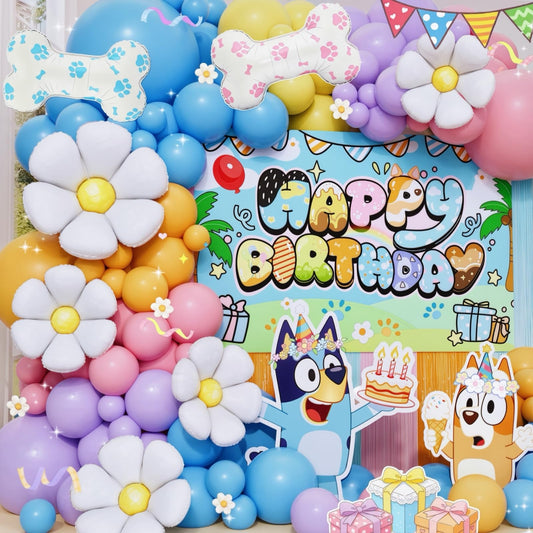 Daidle blue dog birthday arch enhances instant party photos.
