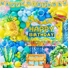 Daidle Sponge Balloon Arch creates an immersive under-the-sea party scene for photos.