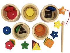 Dailyfunn colorful wood shapes and pieces for sorting and matching.
