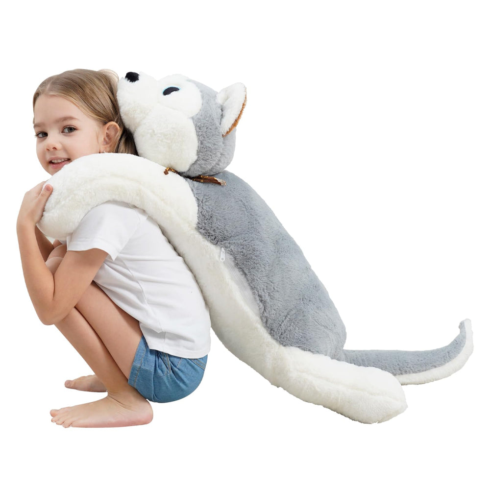 Dalmao giant wolf dog plush highlights soft fur for hugs.