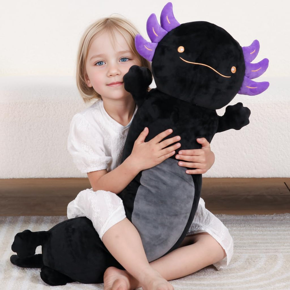 Dalmao soft polyester axolotl closeup shows plush texture and gentle touch.