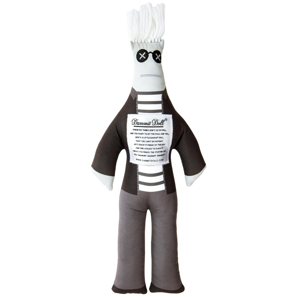 Dammit Doll wearing Warhol-inspired striped tee with silver hair for playful stress relief.
