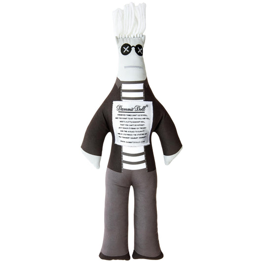 Dammit Doll wearing Warhol-inspired striped tee with silver hair for playful stress relief.