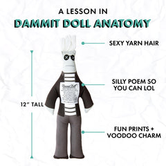 Dammit Doll on shelf adds pop art flair and conversation starter.