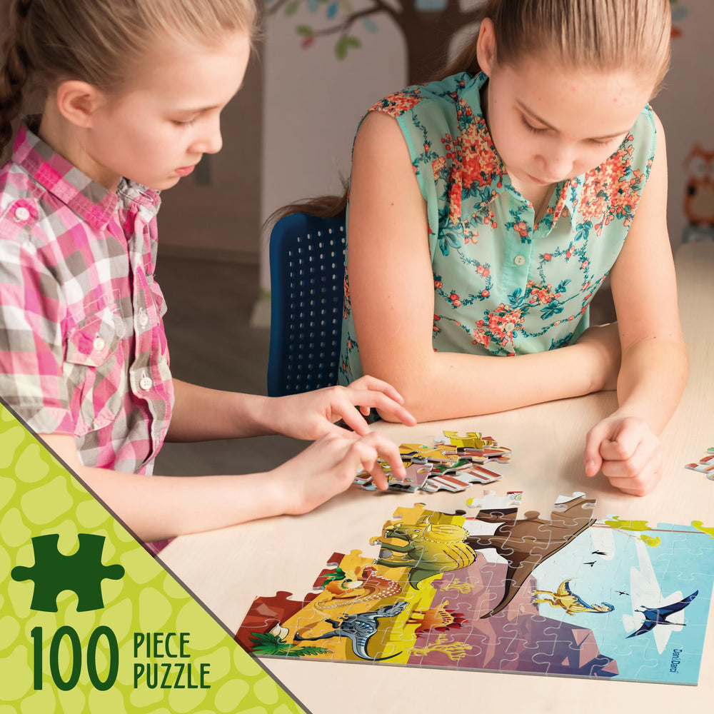 Dan and Darci 100-piece puzzle with snug pieces forms an 18 by 12 inch display