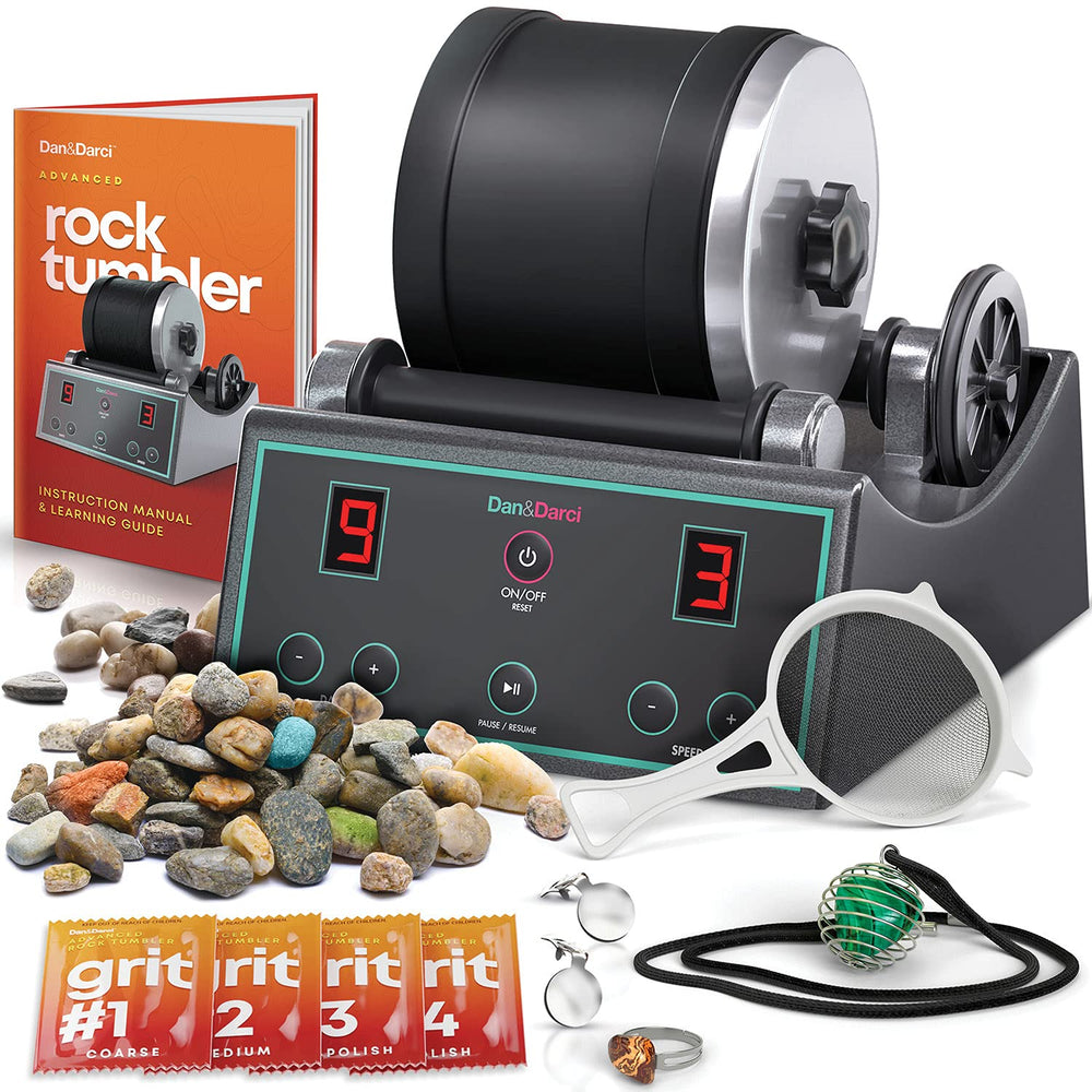 Dan&Darci Advanced Rock Tumbler front view shows a quiet, durable unit for learning geology.