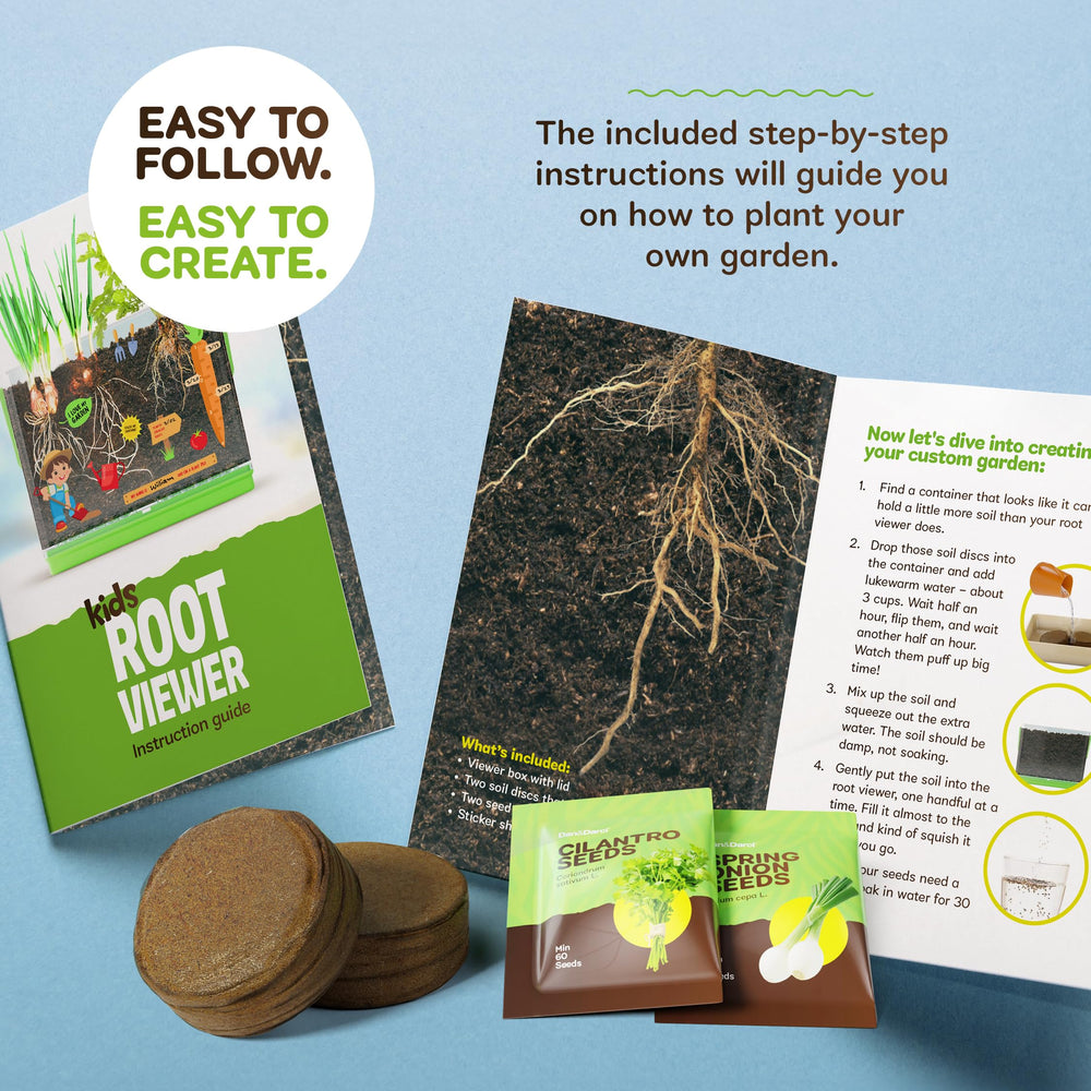 Dan&Darci root-viewer instruction booklet explains simple steps and botany basics.