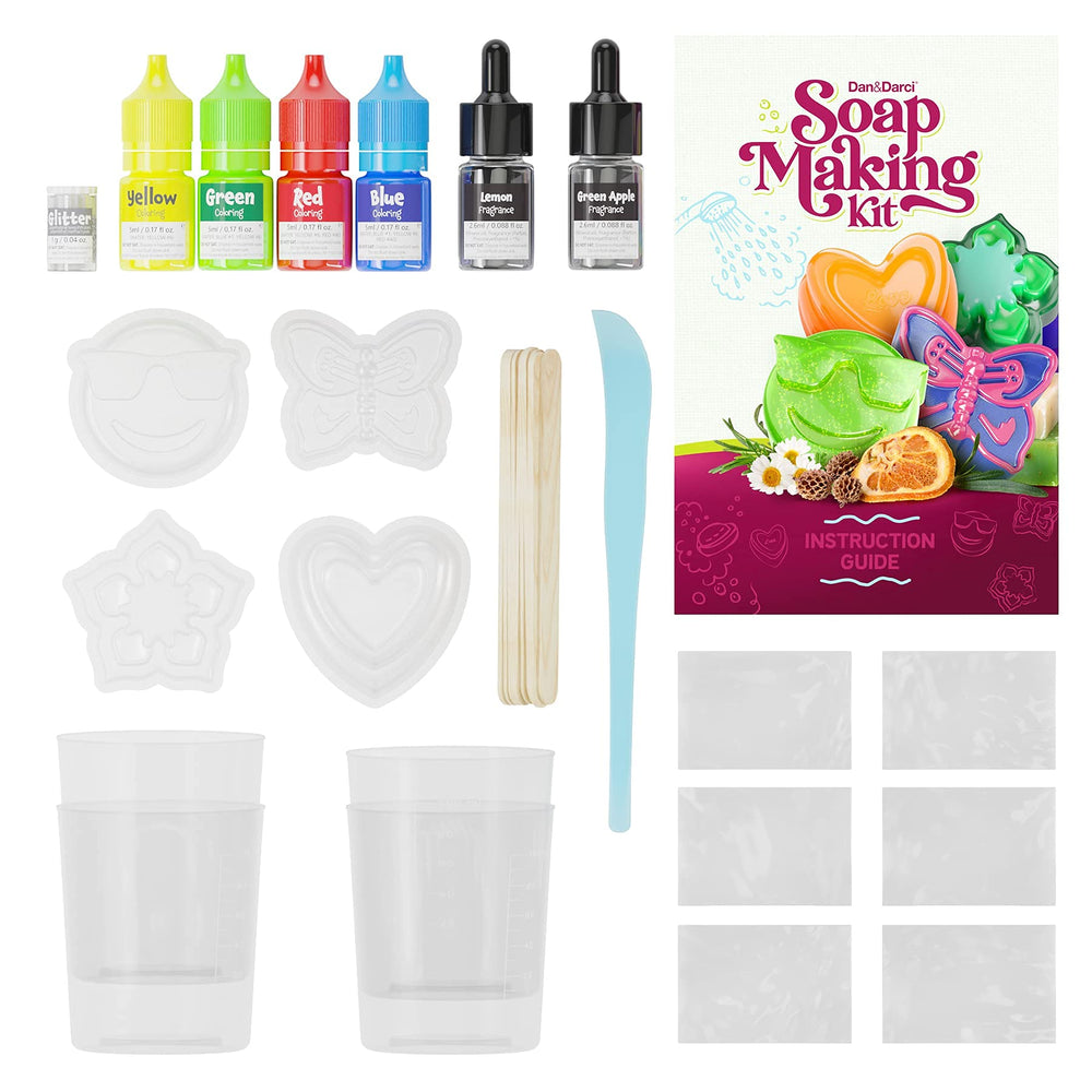Dan&Darci liquid colors in red blue yellow green for vibrant layered soaps.