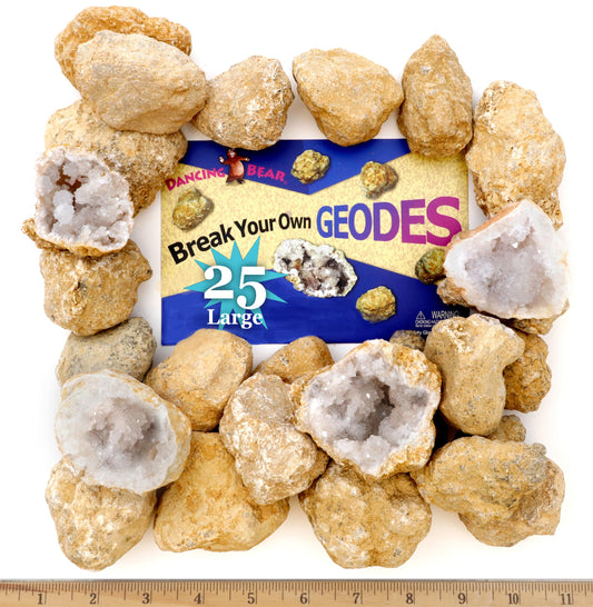 DANCING BEAR geode kit packaging with 25 break-your-own geodes for science fun.
