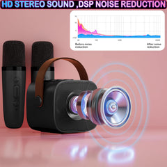 Darkant mini karaoke machine with Bluetooth connection for wireless streaming.