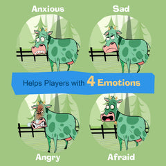 Cow emotion pieces illustrate anger, sadness, anxiety, and fear during play.