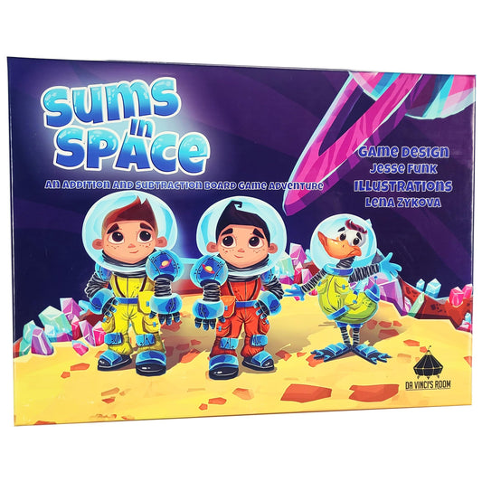 Da Vinci's Room Sums in Space game setup promotes cooperative math practice for 5-7 year olds.